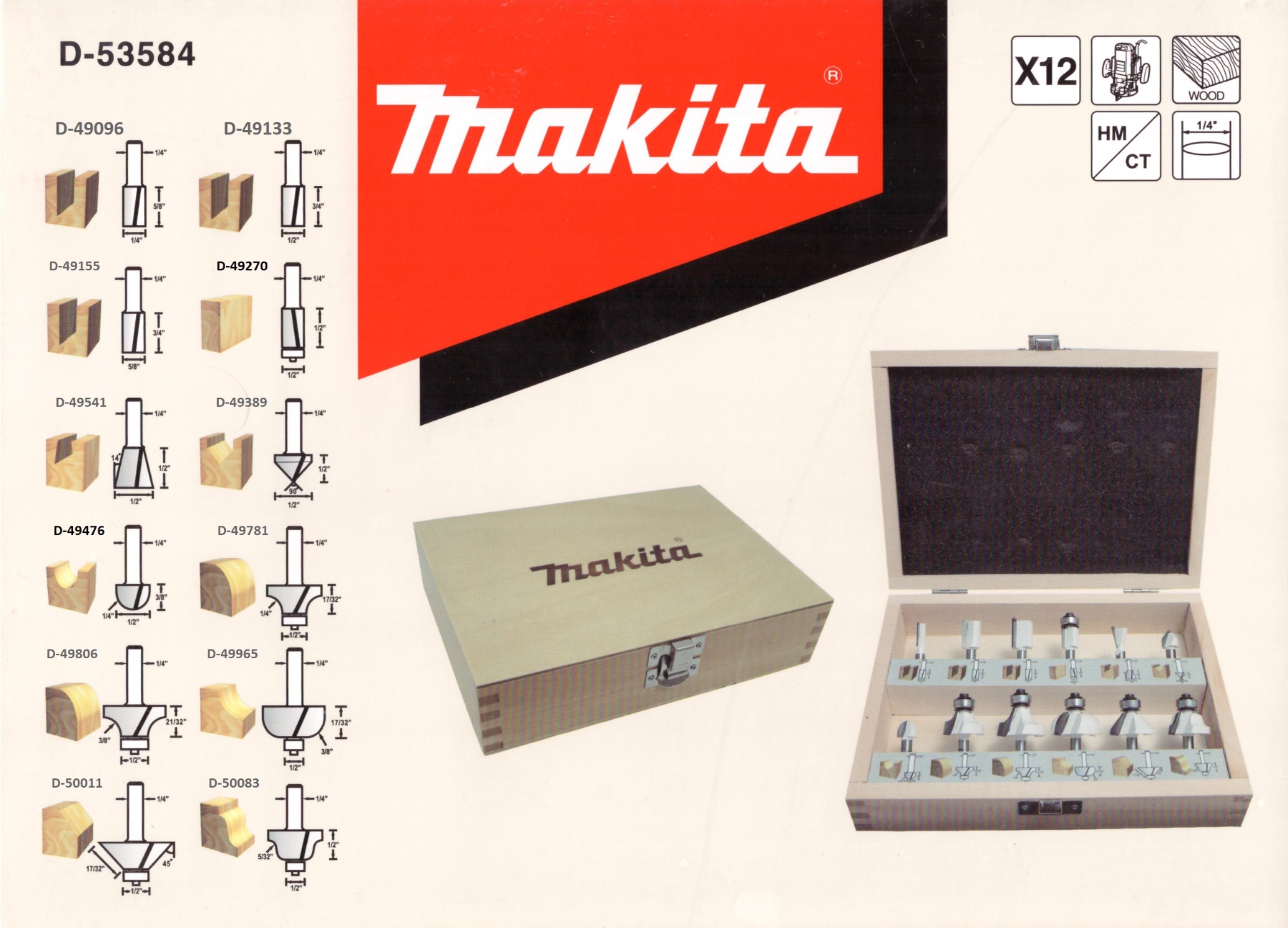 Juego Set Kit de 12 Fresas para Madera Makita D-53584 Vástago 1/4” con  Maletín para Router Fresadoras (12unidades) – Makita Córdoba