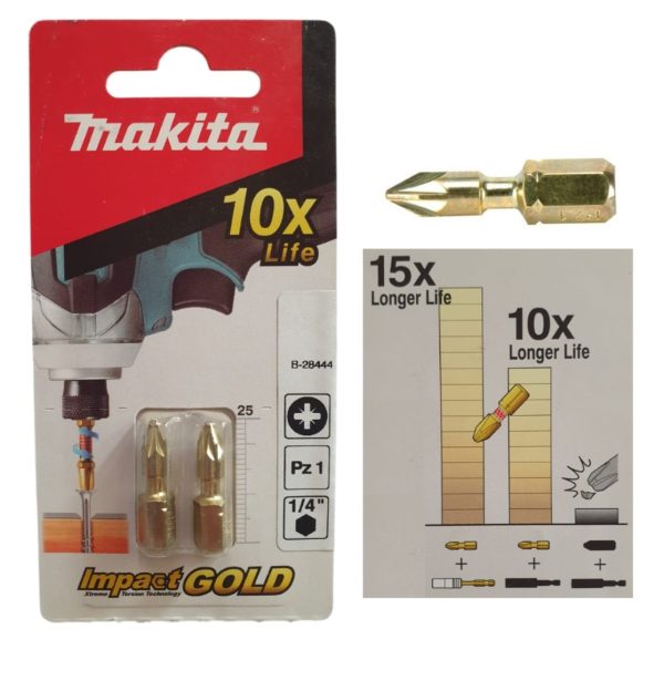 Puntas Pozidrive IMPACT GOLD PZ1 Largo 25mm Makita B-28444 para Atornilladora Encastre Hex 6.35mm(1/4”) (blíster x 2unidades)