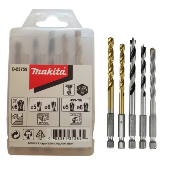 Juego Set de 5 Brocas Mechas Makita D-23759 5mm y 6mm para metal, madera y hormigón para taladros (estuche de 5piezas)