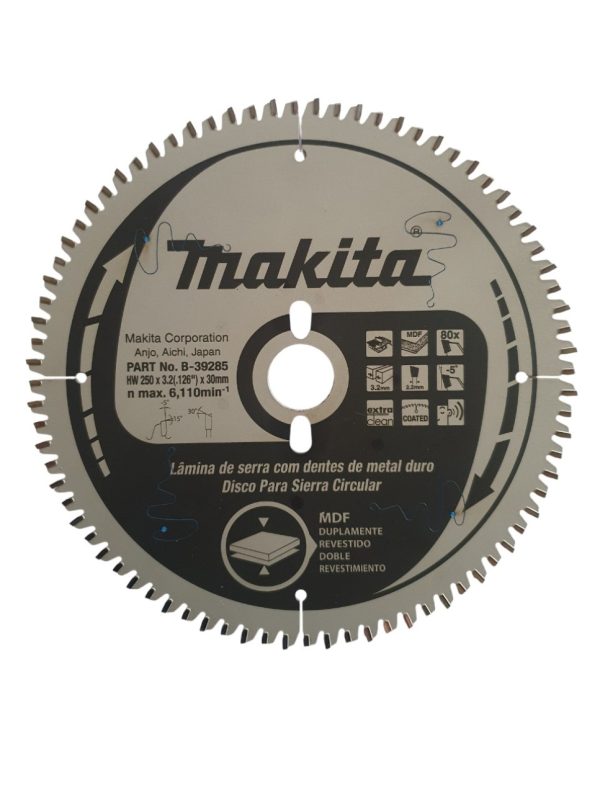 Disco Hoja de Sierra para Madera MDF Melamina Makita B-39285 250mm x 30mm x 80D para Sierras circulares mesa banco